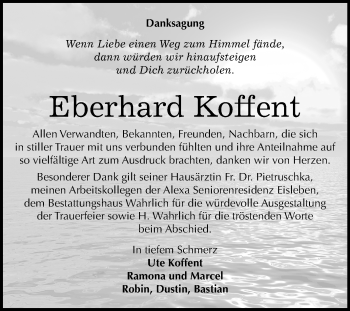 Traueranzeige von Eberhard Koffent von Mitteldeutsche Zeitung Mansfelder Land