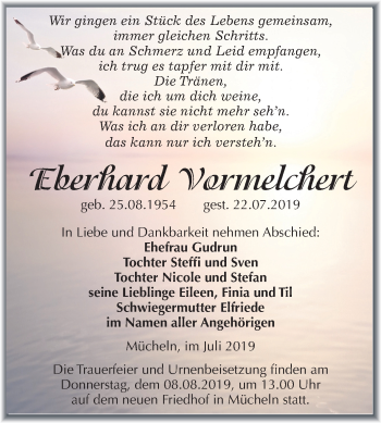 Traueranzeige von Eberhard Vormelchert von Super Sonntag Merseburg/Querfurt