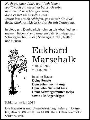 Traueranzeige von Eckhard Marschalk von Mitteldeutsche Zeitung Wittenberg