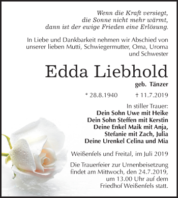 Traueranzeige von Edda Liebhold von Wochenspiegel Weißenfels