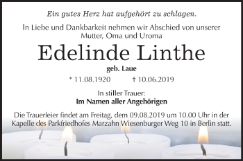 Traueranzeige von Edelinde Linthe von Mitteldeutsche Zeitung Halle/Saalkreis