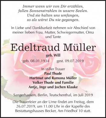 Traueranzeige von Edeltraud Müller von Super Sonntag Sangerhausen