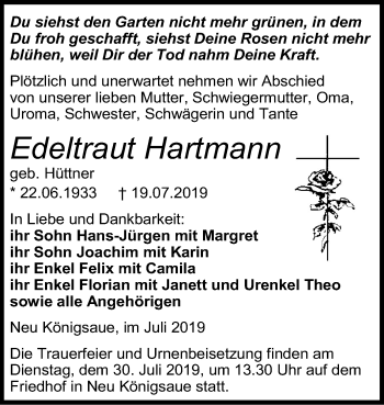 Traueranzeige von Edeltraut Hartmann von Super Sonntag Aschersleben