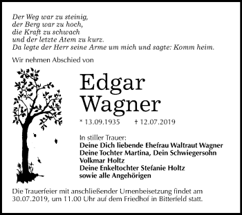 Traueranzeige von Edgar Wagner von Wochenspiegel Bitterfeld