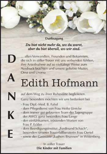 Traueranzeige von Edith Hofmann von Mitteldeutsche Zeitung Wittenberg