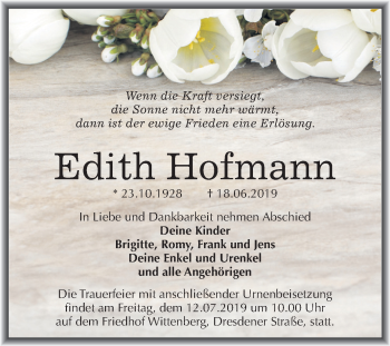 Traueranzeige von Edith Hofmann von Mitteldeutsche Zeitung Wittenberg
