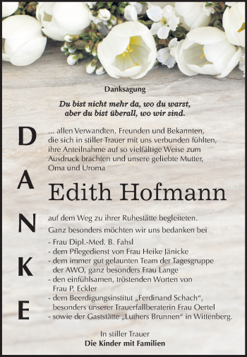 Traueranzeige von Edith Hofmann von Super Sonntag Wittenberg