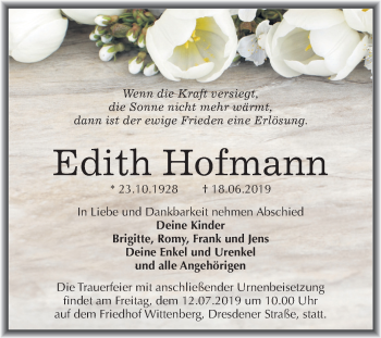 Traueranzeige von Edith Hofmann von Super Sonntag Wittenberg