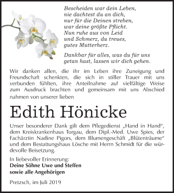 Traueranzeige von Edith Hönicke von Mitteldeutsche Zeitung Wittenberg