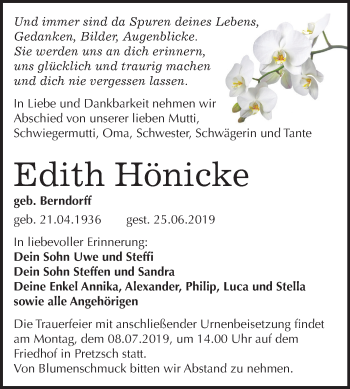 Traueranzeige von Edith Hönicke von Mitteldeutsche Zeitung Wittenberg