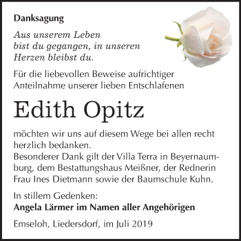 Traueranzeige von Edith Opitz von Mitteldeutsche Zeitung Sangerhausen