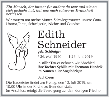 Traueranzeige von Edith Schneider von Mitteldeutsche Zeitung Naumburg/Nebra