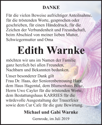 Traueranzeige von Edith Warnke von Mitteldeutsche Zeitung Quedlinburg