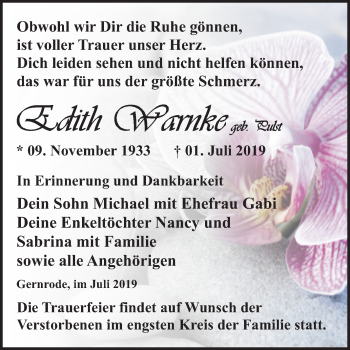 Traueranzeige von Edith Warnke von Mitteldeutsche Zeitung Quedlinburg