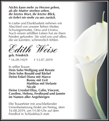 Traueranzeige von Edith Weise von Mitteldeutsche Zeitung Merseburg/Querfurt