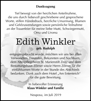 Traueranzeige von Edith Winkler von Mitteldeutsche Zeitung Zeitz