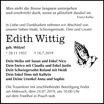 Traueranzeige von Edith Wittig von Mitteldeutsche Zeitung Bitterfeld