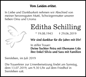 Traueranzeige von Editha Schilling von Super Sonntag Mansfelder Land