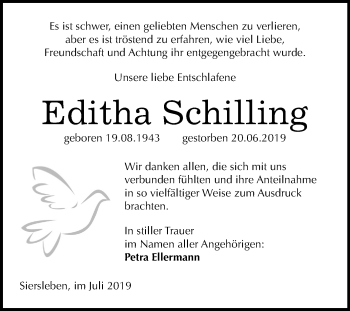 Traueranzeige von Editha Schilling von Mitteldeutsche Zeitung Mansfelder Land