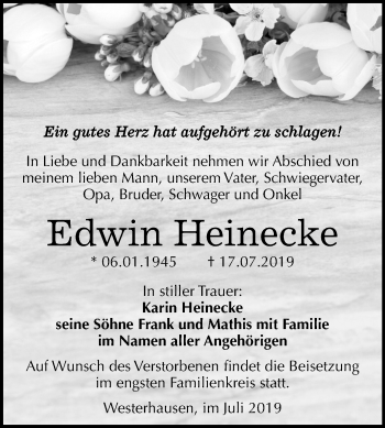 Traueranzeige von Edwin Heinecke von Super Sonntag Quedlinburg