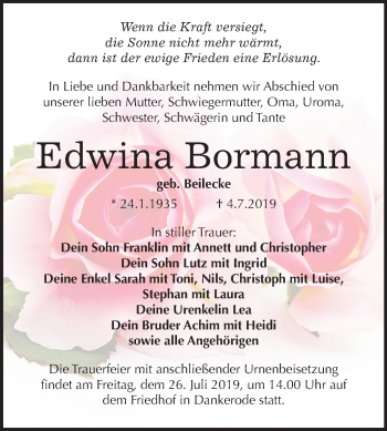 Traueranzeige von Edwina Bormann von Mitteldeutsche Zeitung Quedlinburg
