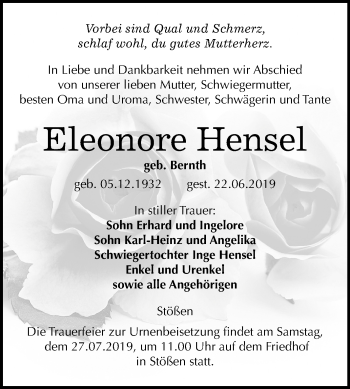 Traueranzeige von Eleonore Hensel von Wochenspiegel Naumburg/Nebra