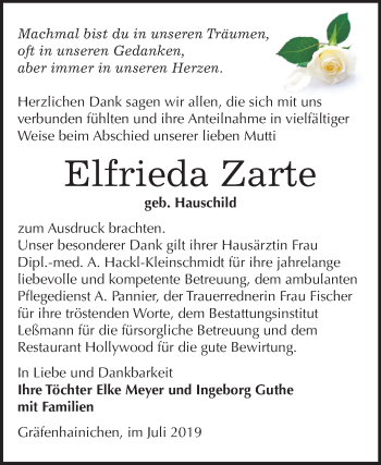 Traueranzeige von Elfrieda Zarte von Mitteldeutsche Zeitung Wittenberg