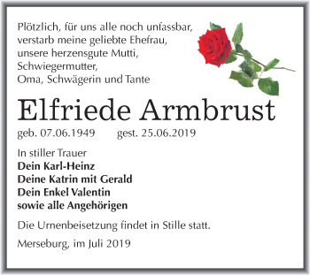 Traueranzeige von Elfriede Armbrust von Super Sonntag Merseburg/Querfurt