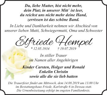 Traueranzeige von Elfriede Hempel von Super Sonntag Dessau-Roßlau