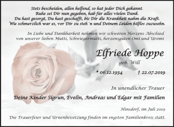 Traueranzeige von Elfriede Hoppe von Mitteldeutsche Zeitung Köthen