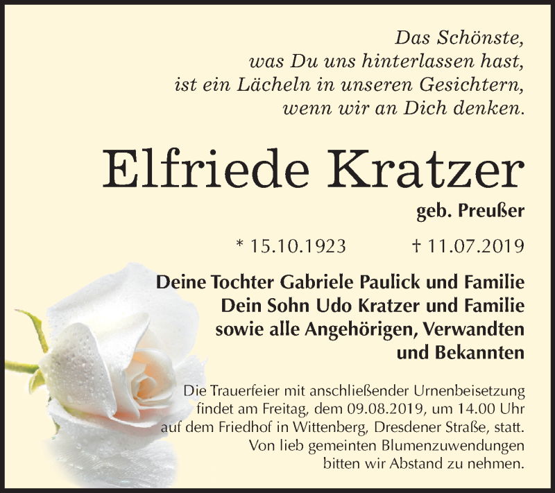  Traueranzeige für Elfriede Kratzer vom 20.07.2019 aus Super Sonntag Wittenberg
