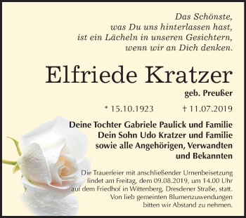 Traueranzeige von Elfriede Kratzer von Super Sonntag Wittenberg
