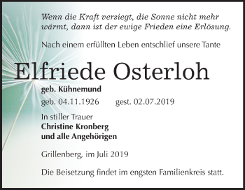 Traueranzeige von Elfriede Osterloh von Mitteldeutsche Zeitung Sangerhausen