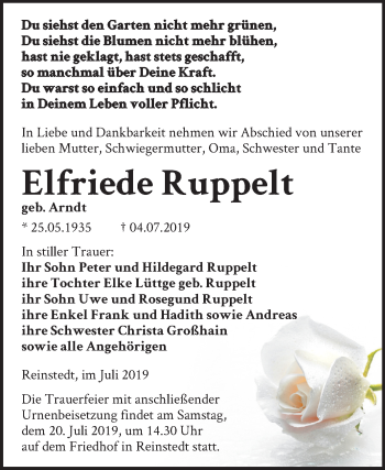 Traueranzeige von Elfriede Ruppelt von Super Sonntag Aschersleben
