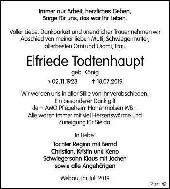 Traueranzeige von Elfriede Todtenhaupt von Wochenspiegel Weißenfels