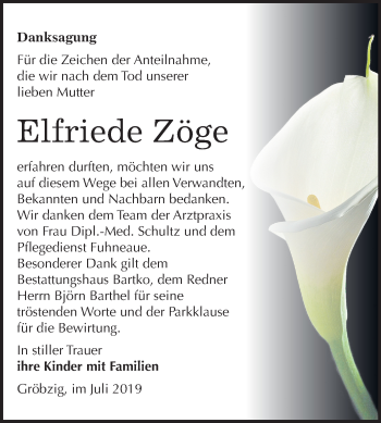 Traueranzeige von Elfriede Zöge von Mitteldeutsche Zeitung Köthen