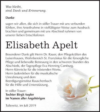 Traueranzeige von Elisabeth Apelt von Wochenspiegel Naumburg/Nebra