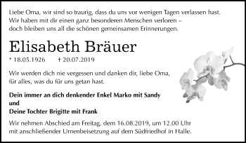 Traueranzeige von Elisabeth Bräuer von Mitteldeutsche Zeitung Halle/Saalkreis