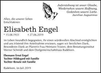 Traueranzeige von Elisabeth Engel von Mitteldeutsche Zeitung Quedlinburg