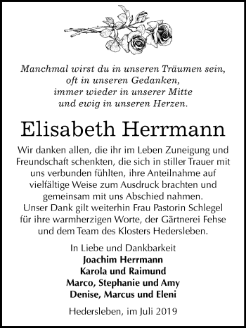 Traueranzeige von Elisabeth Herrmann von Mitteldeutsche Zeitung Quedlinburg