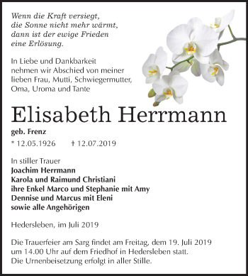 Traueranzeige von Elisabeth Herrmann von Mitteldeutsche Zeitung Quedlinburg
