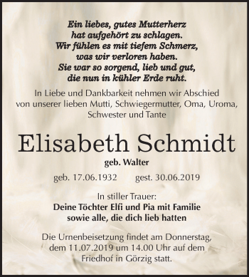Traueranzeige von Elisabeth Schmidt von Mitteldeutsche Zeitung Köthen