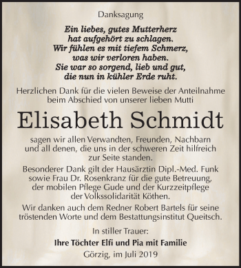 Traueranzeige von Elisabeth Schmidt von Mitteldeutsche Zeitung Köthen