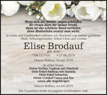 Traueranzeige von Elise Brodauf von Mitteldeutsche Zeitung Bitterfeld