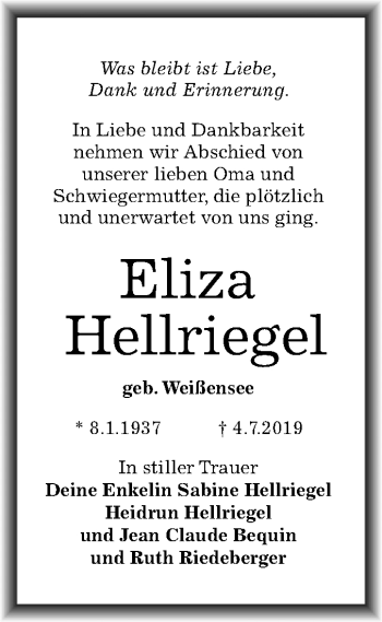 Traueranzeige von Eliza Hellriegel von Mitteldeutsche Zeitung Merseburg/Querfurt