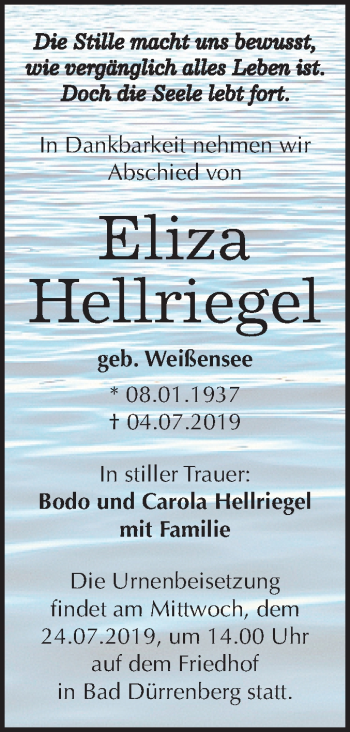 Traueranzeige von Eliza Hellriegel von Mitteldeutsche Zeitung Merseburg/Querfurt
