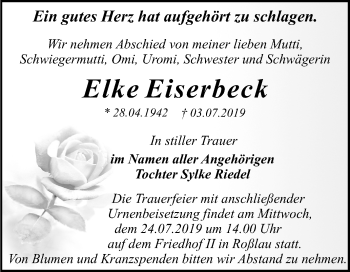 Traueranzeige von Elke Eiserbeck von Super Sonntag Dessau-Roßlau