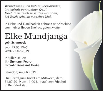 Traueranzeige von Elke Mundjan von Super Sonntag Mansfelder Land