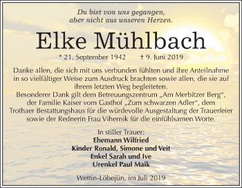 Traueranzeige von Elke Mühlbach von Mitteldeutsche Zeitung Halle/Saalkreis