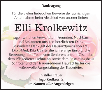 Traueranzeige von Elli Krolkewitz von Wochenspiegel Bitterfeld